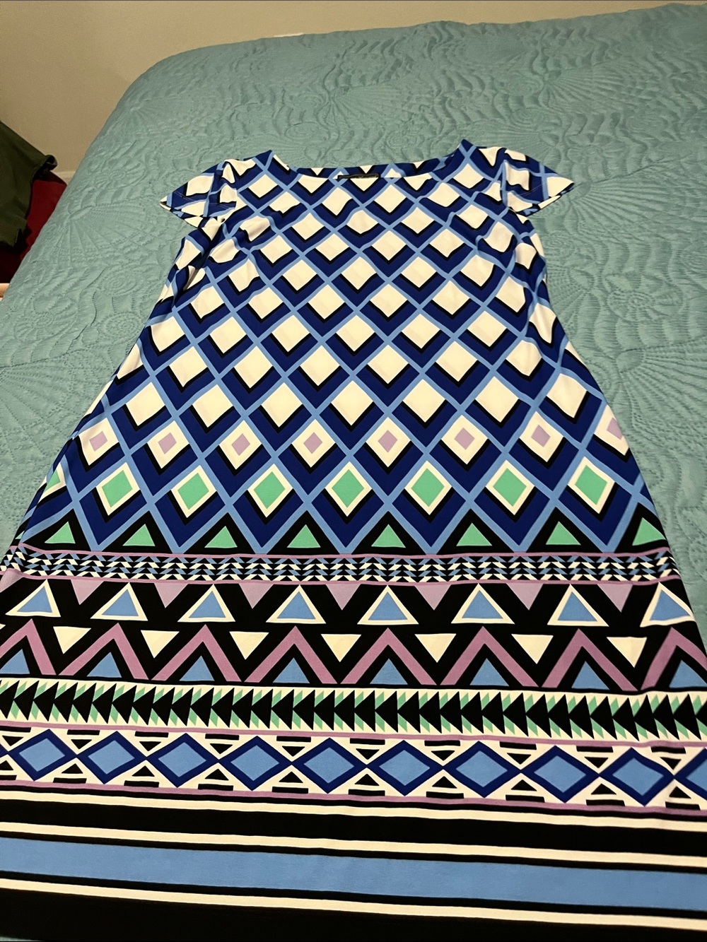 Jessica Howard Blue Geometric  Dress with Green and Lavender Details